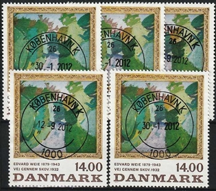 FRIMÆRKER DANMARK | 1991 - AFA 1006 - Edvard Weie - 14,00 Kr. flerfarvet x 5 stk. - Pragt Stemplet